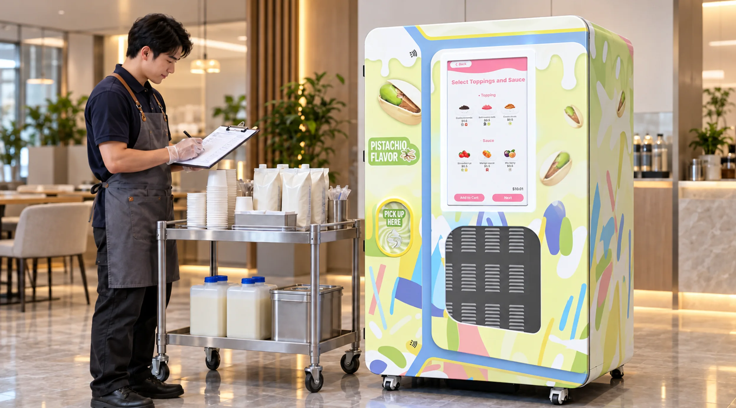 Operator checking chilled mix, cups, and a service record beside an automatic ice cream vending machine